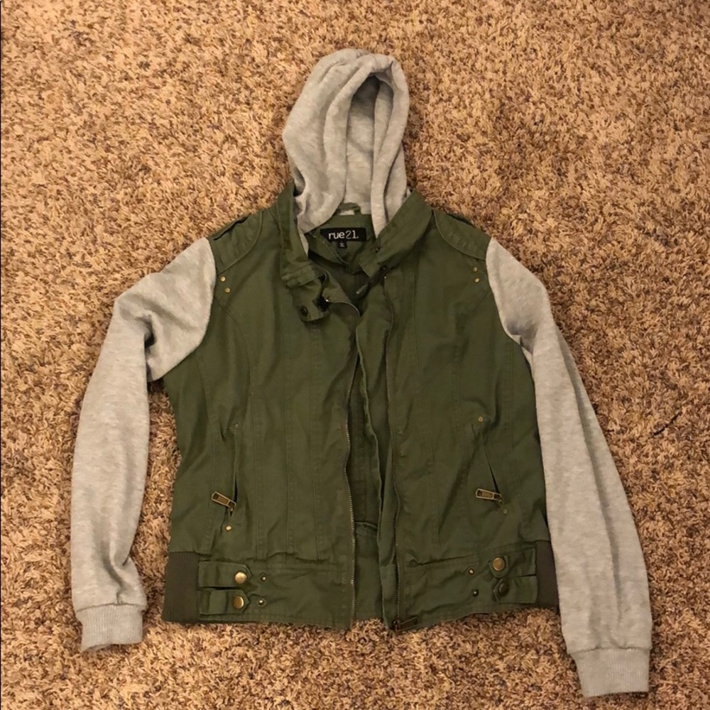 Army jacket with sweater sleeves and hood